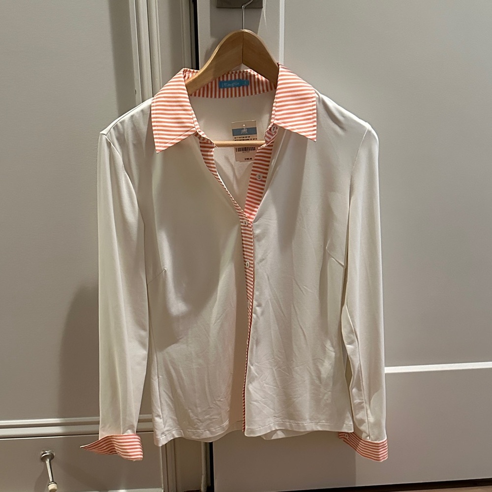 J. McLaughlin White Button-Down Shirt with Coral Stripe Trim; Reposhing
